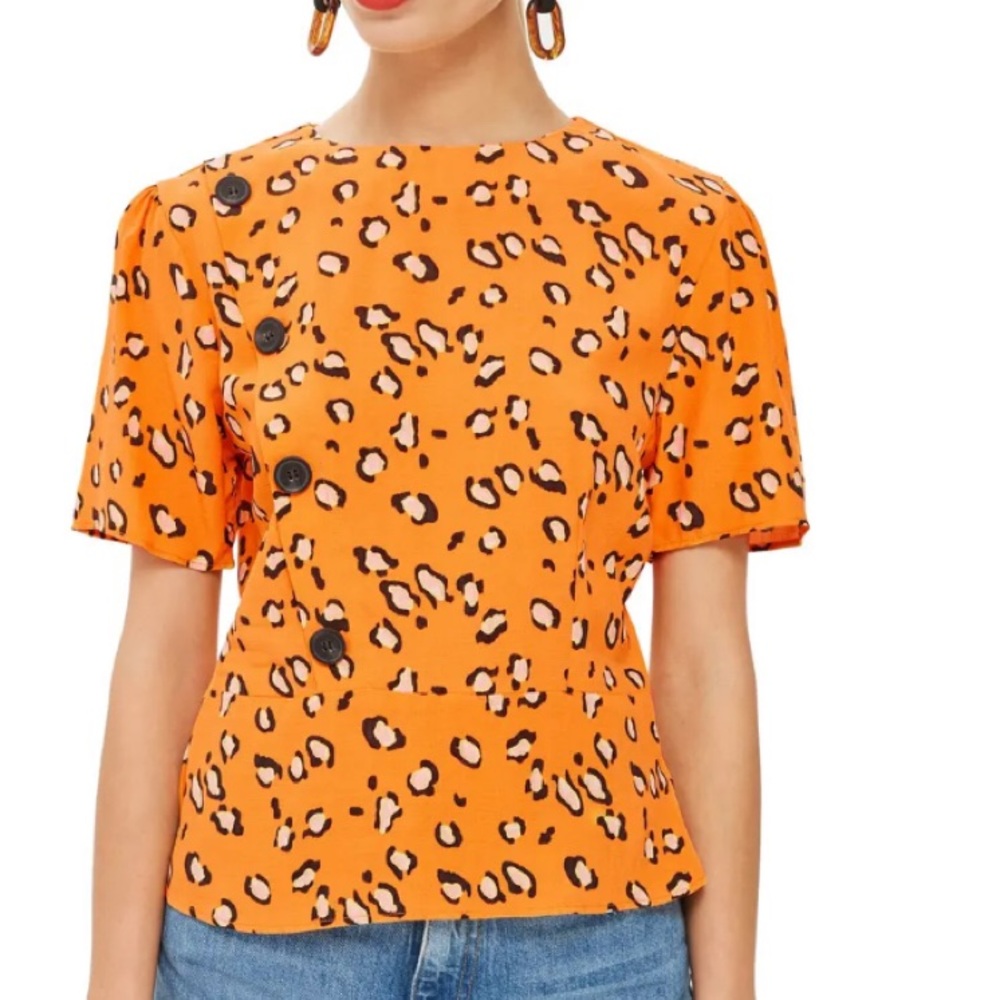 Top Shop Animal Print Button Short Sleeve Blouse